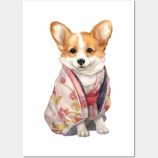 Watercolor Pembroke Welsh Corgi Dog in Kimono Posters and Art